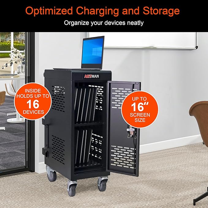Laptop Charging Cart,16 Devices Tablet Storage Carts for pad Up to 16.3" Screen Size, Classroom Computer Mobile Charging Station for Pads, Chromebooks,Laptops, Security Storage(16 Bay-Black)