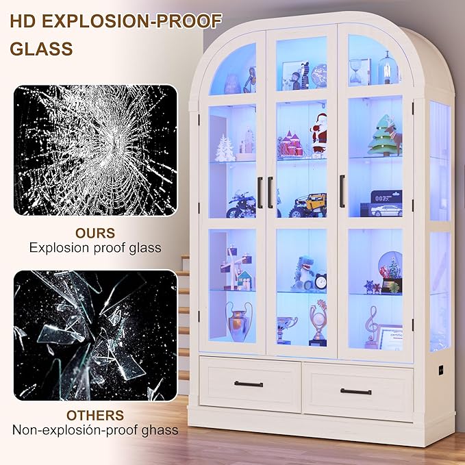 Arched Display Cabinet with 3 Glass Doors,5-Tier Curio Cabinet W/3 Color Lights for Collectibles,78'' Tall Curio Cabinet W/2 Drawers,Modern Display Case W/Human Body Sensor for Living/Game Room,Arche