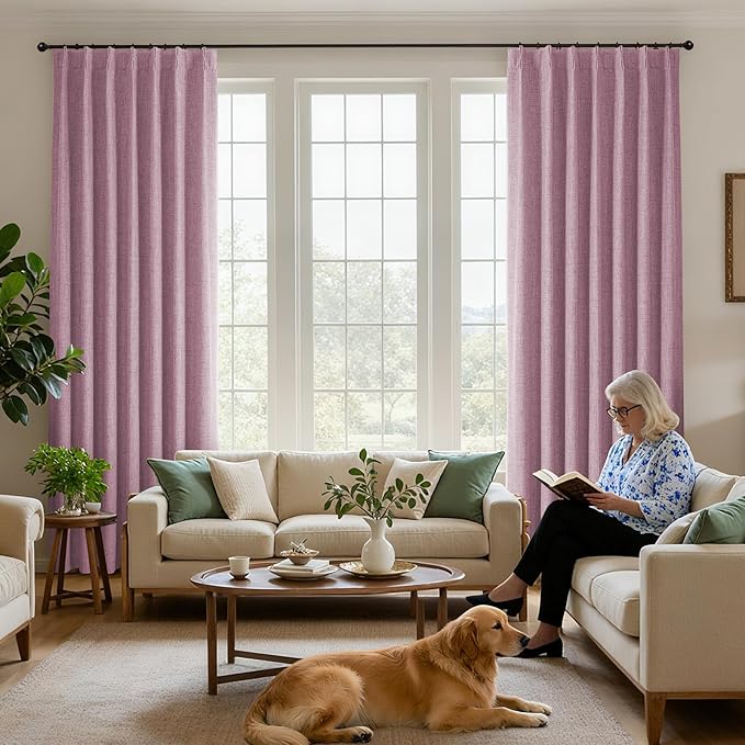 Joydeco Pinch Pleated Curtains - 100% Blackout for Bedroom, Pink Linen Curtains 40" W x 84" L, Thermal Insulated 2 Panels Light Blocking Drapes, Back Tabs for Living Room