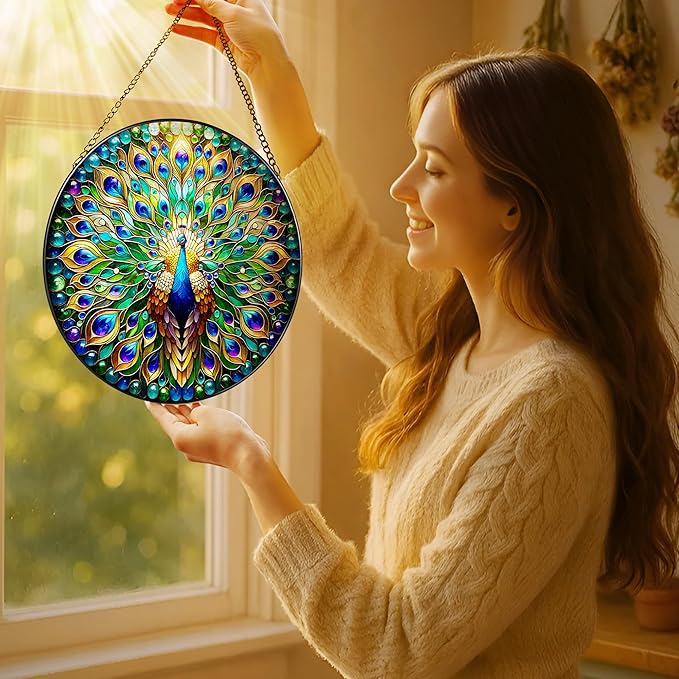 Stained Glass Window Hanging, LAOWEIKI 8'' Peacock Suncatcher, Stained Glass Ornament, Suncatchers for Windows Hanging, Window Decor, Outdoor or Indoor, Gifts for Women, Lovers, Couple, Friend, Bestie