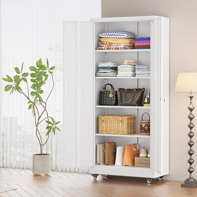 INTERGREAT Metal Storage Cabinet with Wheels, 73" Garage Storage Cabinet with Door and 4 Shelves, Tool Cabinet on Caster for Home, Office, White