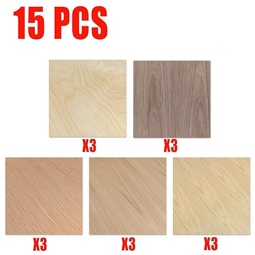 GSCIT Club 15 PCS Wood Veneer, 12 inch x 12 inch Birch, Oak, Maple, Walnut and Red Oak Wood Edge Banding Pre-glued Flexible, Veneer Tape Banding