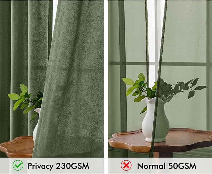 MIULEE Non-See-Through Privacy Linen Curtains 2 Panels, Light Filtering Window Curtains Farnhouse Textured Back Tab Semi Sheer Drapes for Bedroom Living Room, 52 x 108 Inches Long, Olive Green