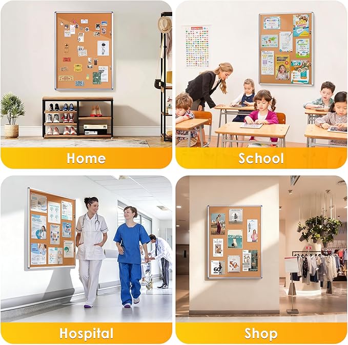 SWANCROWN Enclosed Bulletin Board 48x36 in, Tamperproof Lockable Cork Board Wall Display Case with 2 Locks for Office School Home, Aluminum Frame