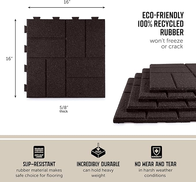 Playsafer Brick Rubber Interlocking Tiles | 16 X 16 | Easy Install for Indoor and Outdoor Use (Brown, 4 Tiles)