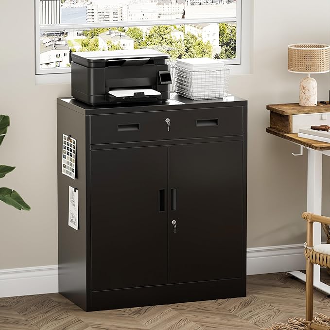 Metal Storage Cabinet 36" H, Garage Storage Cabinet with 2 Lockable Doors and 1 Drawer, Steel File Cabinets with Adjustable Shelves for Home Office, Garage, School, Apartment, Warehouse