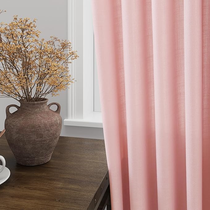 Pink Linen Curtains 90 Inch Long 2 Panels Set for Baby Girl Bedroom Pink Soft Linen Textured Window Drapes Semi Sheer Light Filtering Rod Pocket Back Tab Farmhouse Curtain 52x90