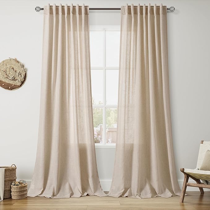 Grey Flax Linen Curtains 108 Inches Long for Living Room Light Filtering Mordern Boho Sheer Curtains Back Tab and Rod Pocket Long Floor to Ceiling High Window Curtain for Bedroom 52x108, 2 Panels