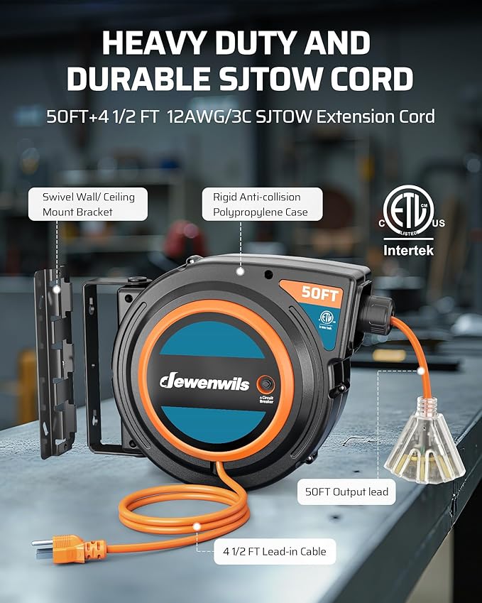 DEWENWILS Extension Cord Reel with Twist-lock Stopper, Power Retractable Cord Reel, Lightweight and Portable, Brighter Triple Tap Outlet, for Home Maintenance, Garages, Workshops, Orange