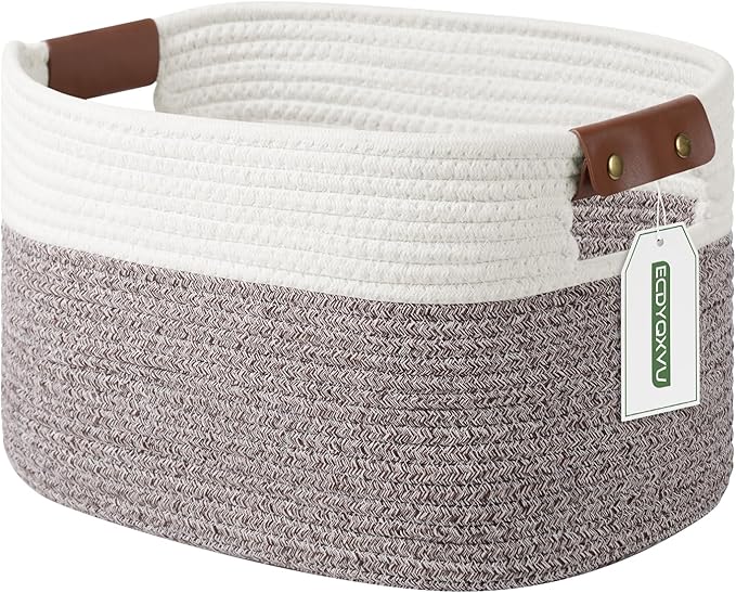Cotton Rope Basket, Storage Baskets with Handle, 15x10x9 Inch Woven Basket for Shelves, Laundry, Towels, Clothes, Books (White Brown 1 Pack)