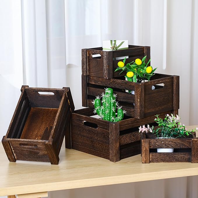 Barydat Set of 5 Wood Crates for Display Decorative Nesting Wooden Crate Storage with Handles Vintage Farmhouse Style Decorative Boxes Multipurpose Fruits Vegetables Boxes(Dusty Brown,Rustic)