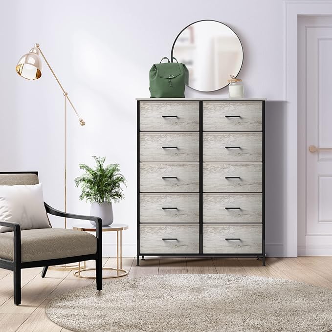 Sorbus Dresser with 10 Faux Wood Drawers - Chest Organizer Unit with Steel Frame Wood Top & Handle Easy Pull Fabric Bins for Clothes - Storage Furniture for Bedroom, Hallway, Living Room & Closet