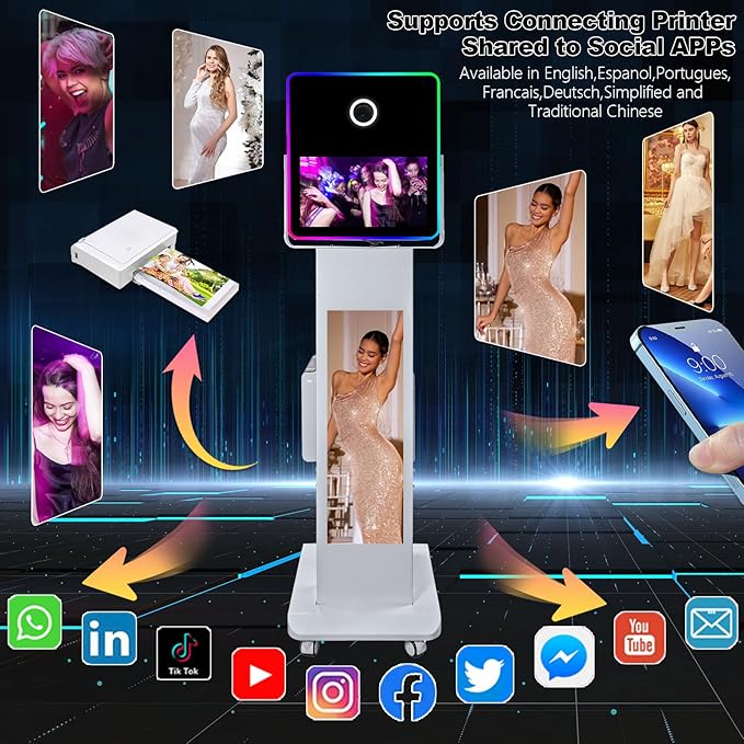29in LCD Display Photo Booth Machine with 15.6in Mirror Touch Screen Selfie Station Shell Stand DIY Photobooth Machine with RGB Light for Parties Weddings Event (Machine+Camera+Mini Printer)
