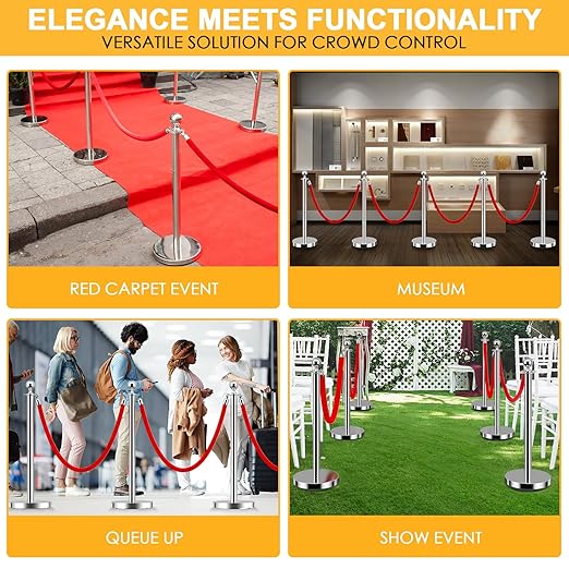 LOVMOR Stainless Steel Stanchion Post, Stanchions with Red Rope, Hollow Base and Velvet Ropes Safety Barriers Set, Carpet Runner for Party (6pack-Silver)