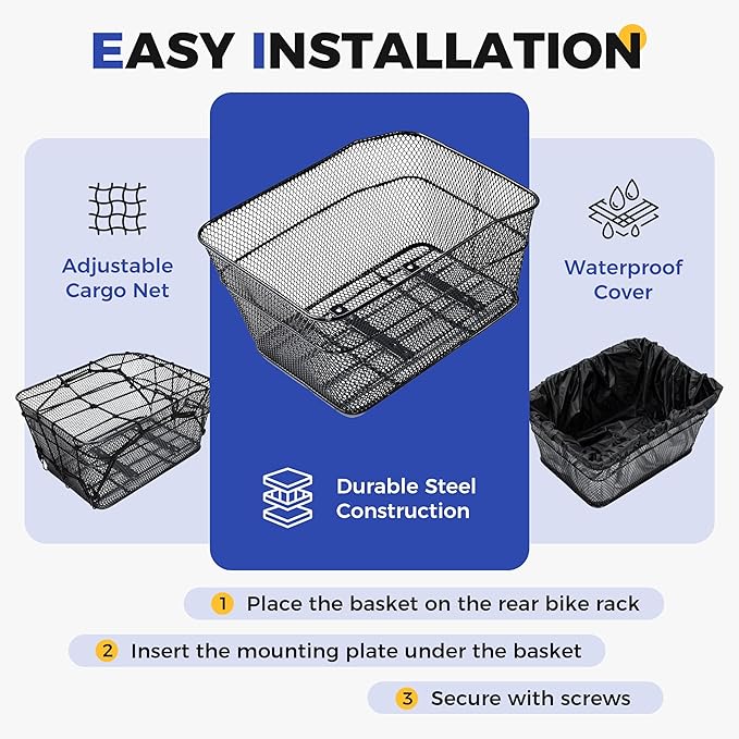 KAUFU Rear Bike Basket with Waterproof Cover and Adjustable Cargo Net, Large Bicycle Cargo Rack Storage Basket, Universal for Most Rear Bike Racks Fit for Shopping, Pets and Daily Outings
