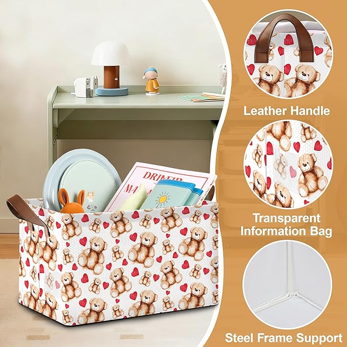Bear Heart Storage Bin with Handles, Valentines Love Basket Storage Organizer for Shelves, Closet, Nursery, Book, Laundry Hamper & Home Decor