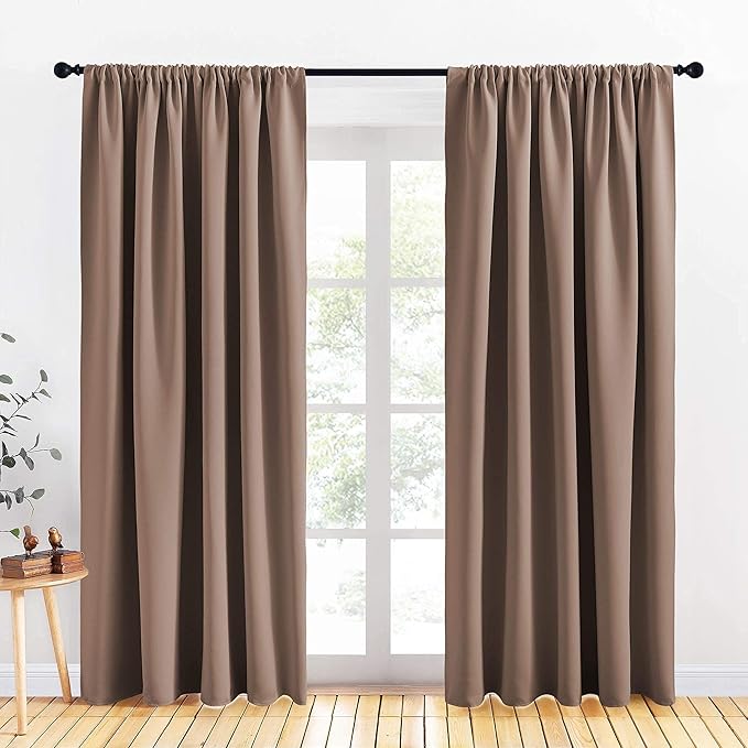 PONY DANCE Thermal Curtains Blackout - Window Coverings Privacy Protect Rod Pocket Top Solid Color Light Blocking Home Decoration, 70 Wide by 84 inch Drop, Mocha, 2 PCs