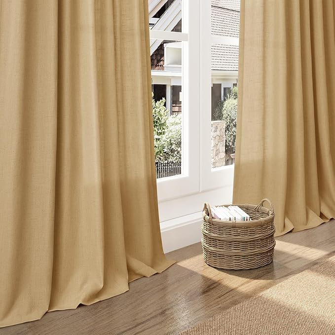 Extra Long Gold Yellow Linen Curtains 120 Inch for Living Room 2 Panels Set Rod Pocket Back Tab Linen Window Drapes Semi Sheer Light Filtering Privacy High Ceiling Drapes for Farmhouse 52x120