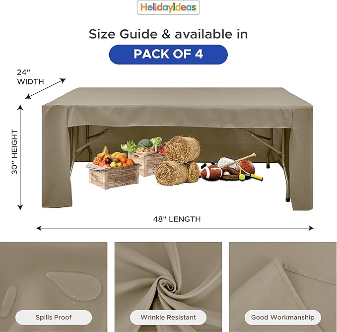 HolidayIdeas Open Back Fitted Tableclothss for 4 Foot Rectangle Table, Wrinkle Resistant Washable Table Covers 24x48 Inch for Craft Fairs, Banquets, Trade Show Display, Taupe,4 Pcs