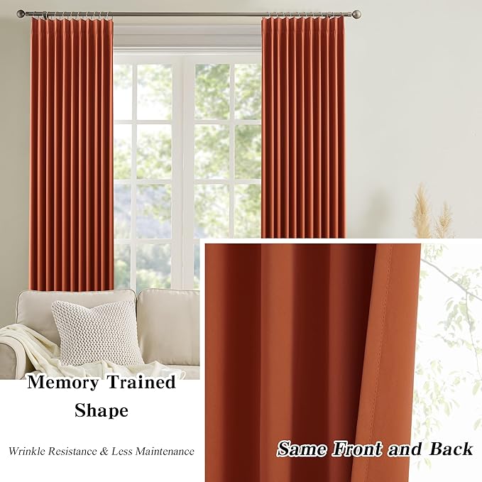 KEQIAOSUOCAI 90 Inch Burnt Orange Pleated Curtains for Living Room 2 Panels Set Fall Bohemian Decor Boho Copper Window Drapes for French Door Living Room Pinch Pleat with Hooks,W40 x L90