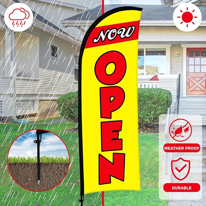 Buryeah 3 Sets Now Open Feather Flag Pole Kit for Business Advertising 7 ft Open Flag Banner Sign with Pole Kit Ground Stake and Portable Bag for Outside Ground(Yellow)