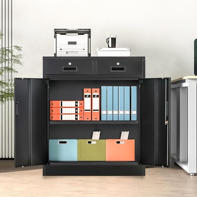 Metal Storage Cabinet, 36" H Locking Storage Cabinet with 2 Drawers and Adjustable Shelf, Metal Cabinets for Office, Garage, Home-Black