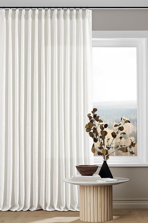 Beige White Pinch Pleated Linen Curtains 132 Inches Long 2 Panels for Living Room Bedroom Memory Training Shaped Semi Sheer Pleat Drapes with Hooks Rings Light Filtering Window Curtain 40x132