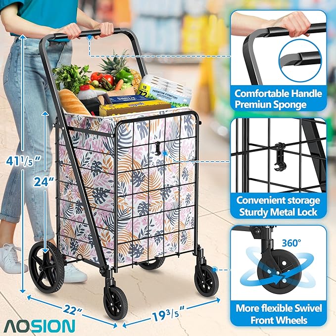 AOSION Folding Shopping Carts for Groceries,27GAL/220lb,Grocery Cart with 360° Rolling Swivel Wheels, Collapsible Rolling cart,Portable Utility Cart with Shopping Liner for Laundry Luggage Office