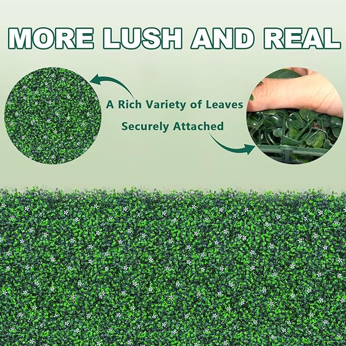 Boxwood Roll Panels with White Flower, 48"x120" (40 sqft) Artificial Ivy Privacy Fence Screen, UV-Anti Faux Boxwood Roll Grass Wall Panels for Garden Patio Balcony Decor