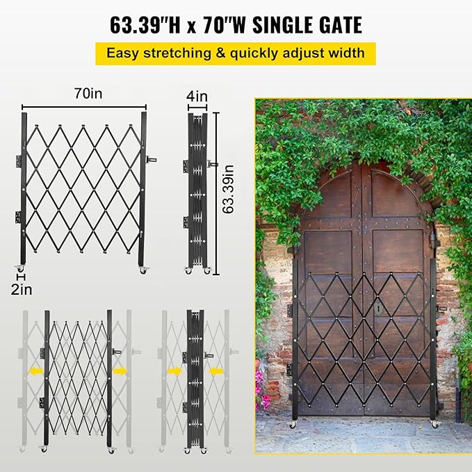 VEVOR Folding Security Door, 63.39" H x 70" W Accordion Gate, Steel, 360 Rolling Barricade, Scissor Gate/Door with Padlock
