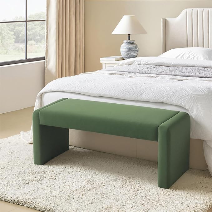 Velvet Entryway Bench End of Bed Bench Upholstered Modern Window Bench Comfy Ottoman for Dining Room/Bedroom/Living Room/Hallway/Indoor (Olive Green)