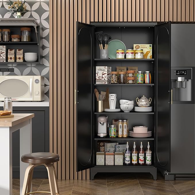 Kitchen Pantry Cabinet,75 Inch Black Metal Storage Cabinet with Door and Adjustable, Tall Pantry Cabinets for Kitchen Storage,Cupboard for Living Room,Dining Room and Bathroom