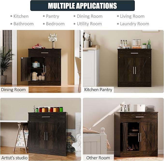 SUNLEI Kitchen Buffet Sideboard Cabinet, Wooden Storage Cabinet with 2 Doors & 1 Drawers, Modern Farmhouse Coffee Bar Cabinet with Storage for Living Room, Adjustable Shelf, Brown