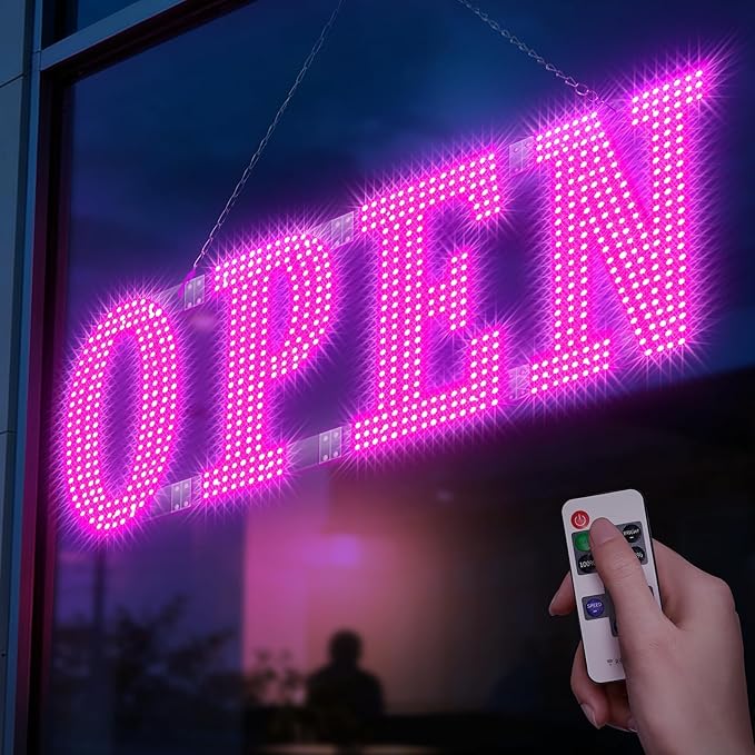 30" x 10" Large LED Open Signs with Remote Control 14 Modes Dimmable Open Sign for Business Window Stores Retail and Restaurant Pink