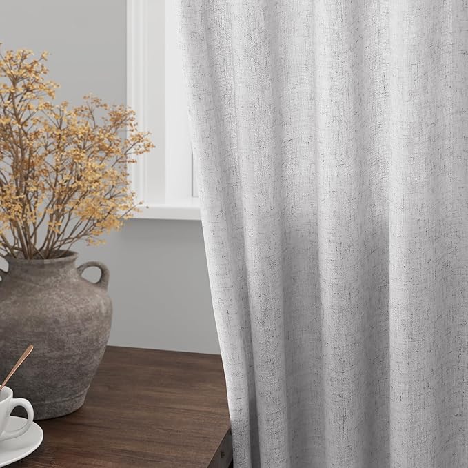 Silver Linen Curtains 96 Inches Long for Living Room Rod Back Tab Vintage Rustic Farmhouse Light Filtering Curtain Burlap Textured Linen Drapes 96 Inch Length for Dinning Room Bedroom 52x96 8 FT