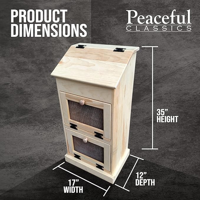 Peaceful Classics Wooden Bread Storage Bins, Decorative Potato and Onion Storage Bin, Potato Bin, Wooden Vegetable Storage w/Lid for Kitchen Pantry, Unfinished, 17"W x 12"D x 35"H