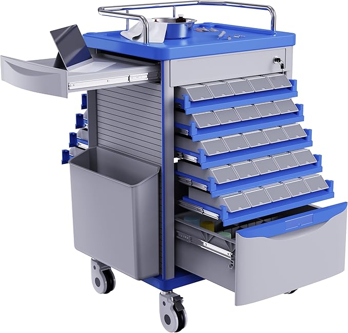 Medication Bins Cart with 200 Bins, 10 Drawers, Hidden Sub Workbench - Dual-Sided Open, 50 Medicine Boxes, Silent Casters, Container, 2 Trash Bin-Medical Crash Cart for Clinic, Hospital and Lab
