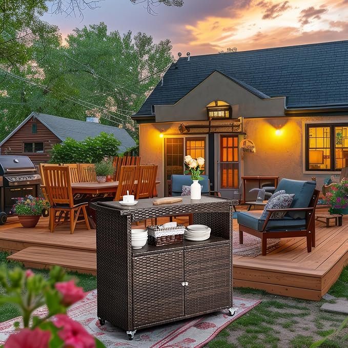 Outdoor Storage Cabinet,Outdoor Cabinet for Patio Bar Cart with Rolling Wheels Patio Bar Table with Storage Wicker Buffet Cabinets prep Table Kitchen Serving Cart with Door,Shelves,Handle Brown