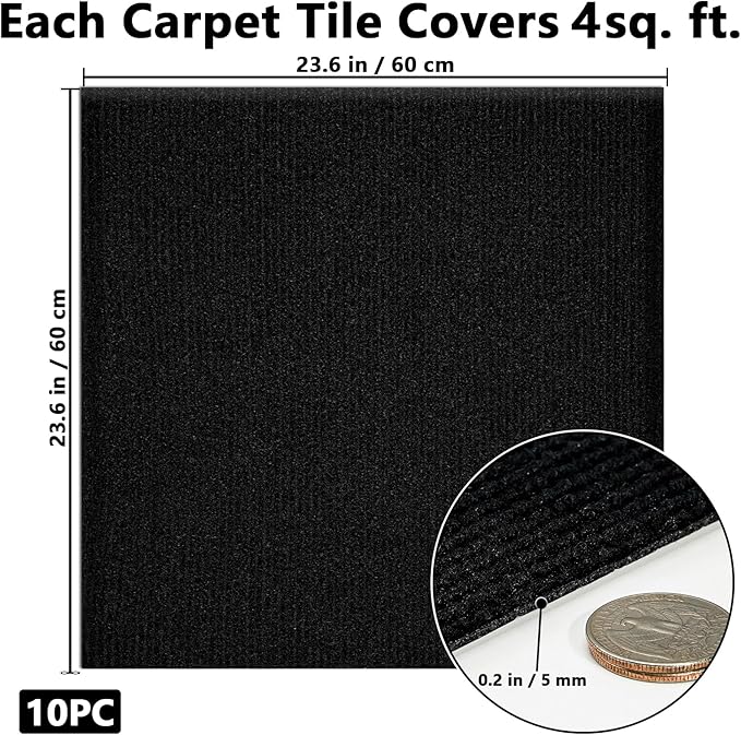 Carpet Tiles Peel and Stick, Self Adhesive Carpet Floor Tile 24" x 24", Black Soft Padded Flooring Sticker, Home Decor for Bedroom Living Room Office, 10 Tiles per Box