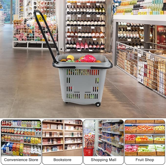 50 L Plastic Rolling Shopping Basket with Long Handle, Large Portable Retail Baskets Set for Groceries, 4 Packs