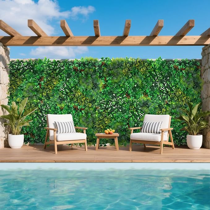 Artificial Grass Wall Panels, 20''x20'' 16pcs Boxwood Wall Panels with Tropical Leaves, Faux Greenery Privacy Fence Screen, Grass Backdrop for Outdoor Indoor Garden Birthday Wedding Decor