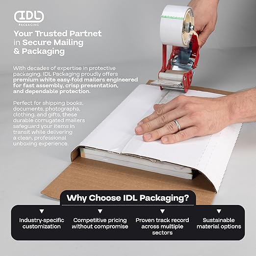 White Mailing Boxes 12"x10.5"x2", Pack of 50, USA-Made - Strong, Easy to Fold Cardboard Boxes for Secure Storage, Shipping and Moving - Water-Resistant and Snug Fit Cardboard Mailers by IDL Packaging