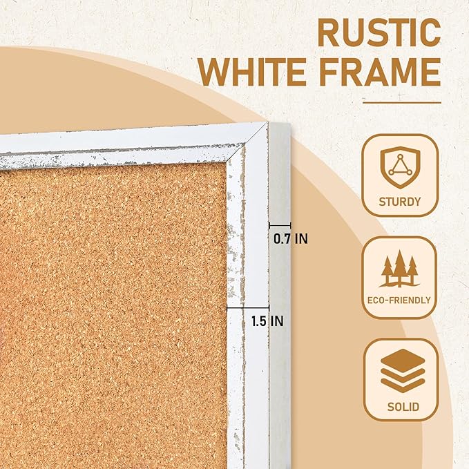 DOLLAR BOSS White Cork Board for Wall - 48 X 36 Inches, Rustic Wooden Frame Large Bulletin Board, Decorative Hanging Pin Board for Office & Home Decor