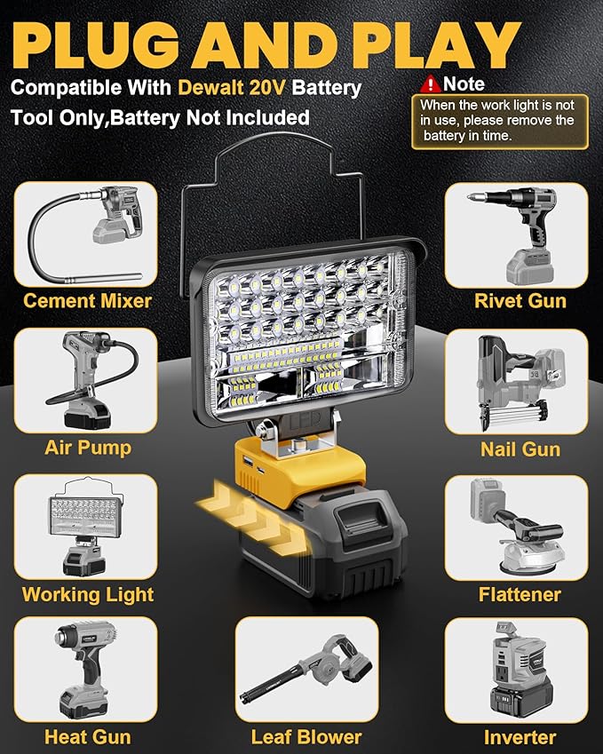 LIVOWALNY Cordless LED Work Light Compatible with Dewalt, 78W 7800LM 5" 20V Battery Flashlights with USB & Type-C & Low Voltage Protection & 140° Pivoting Head for Emergency, Outdoors & Job Site Light