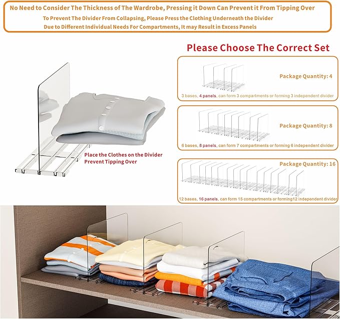 Yieach Clear Acrylic Shelf Dividers for Closet Organization,16Pack Adjustable Bags,Clutch,Purse Organizer and Storage,Handbag Organizer for Closets,Purse Divider,8.8″ Tall Sweater,Tshirt,Towel Divider
