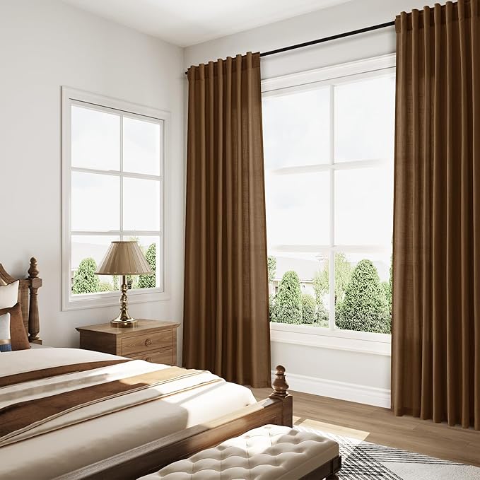 Tobacco Brown Linen Curtains 108 Inches for Living Room Bedroom Extra Long Back Tab Curtain Vintage Rustic Farmhouse Light Filtering Sheer Drapes Floor to Ceiling Curtain 52x108,2 Panels