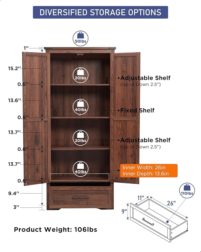 72" Tall Wood Storage Cabinet, Farmhouse Kitchen Pantry Cabinet with Adjustable Shelves & Drawer & Barn Doors, Versatile Storage for Kitchen, Dining Room, Bathroom, Brown