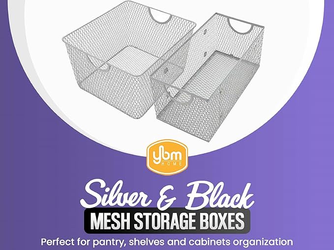 YBM Home Mesh Wire Storage Basket for Shelves, Pantry Organization, and Kitchen - Multipurpose Steel Wire Basket Holder Bin for Organizing Office Supplies, Household Toiletries and Laundry Supplies
