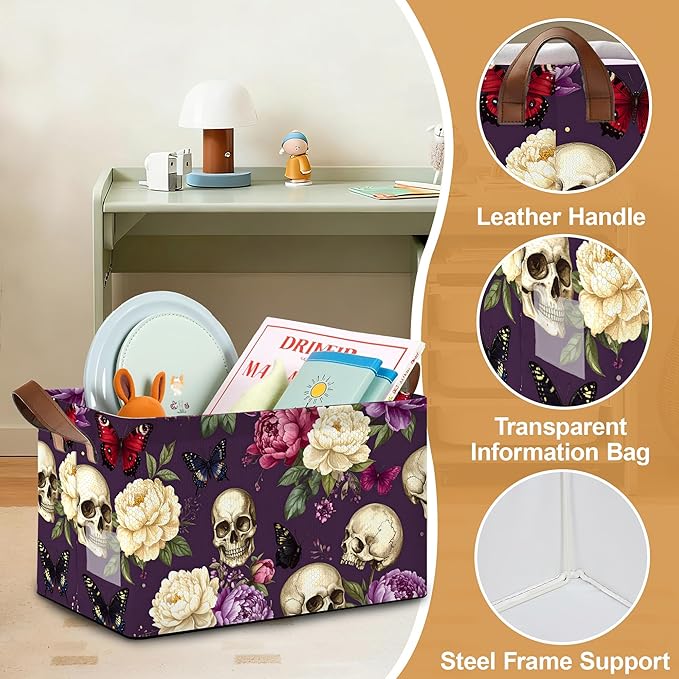 Purple Flower Skeleton Storage Bins with Handles, Collapsible Storage for Clothes, Gift Basket, Blankets & Closet Organization