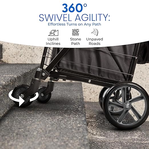 SereneLife Small Compact Folding Shopping Cart with Removable Waterproof Liner – 360° Swivel Wheels, Rust‑Proof Steel Frame, 70 lb Capacity – Portable Grocery, Laundry & Travel Cart (Black)